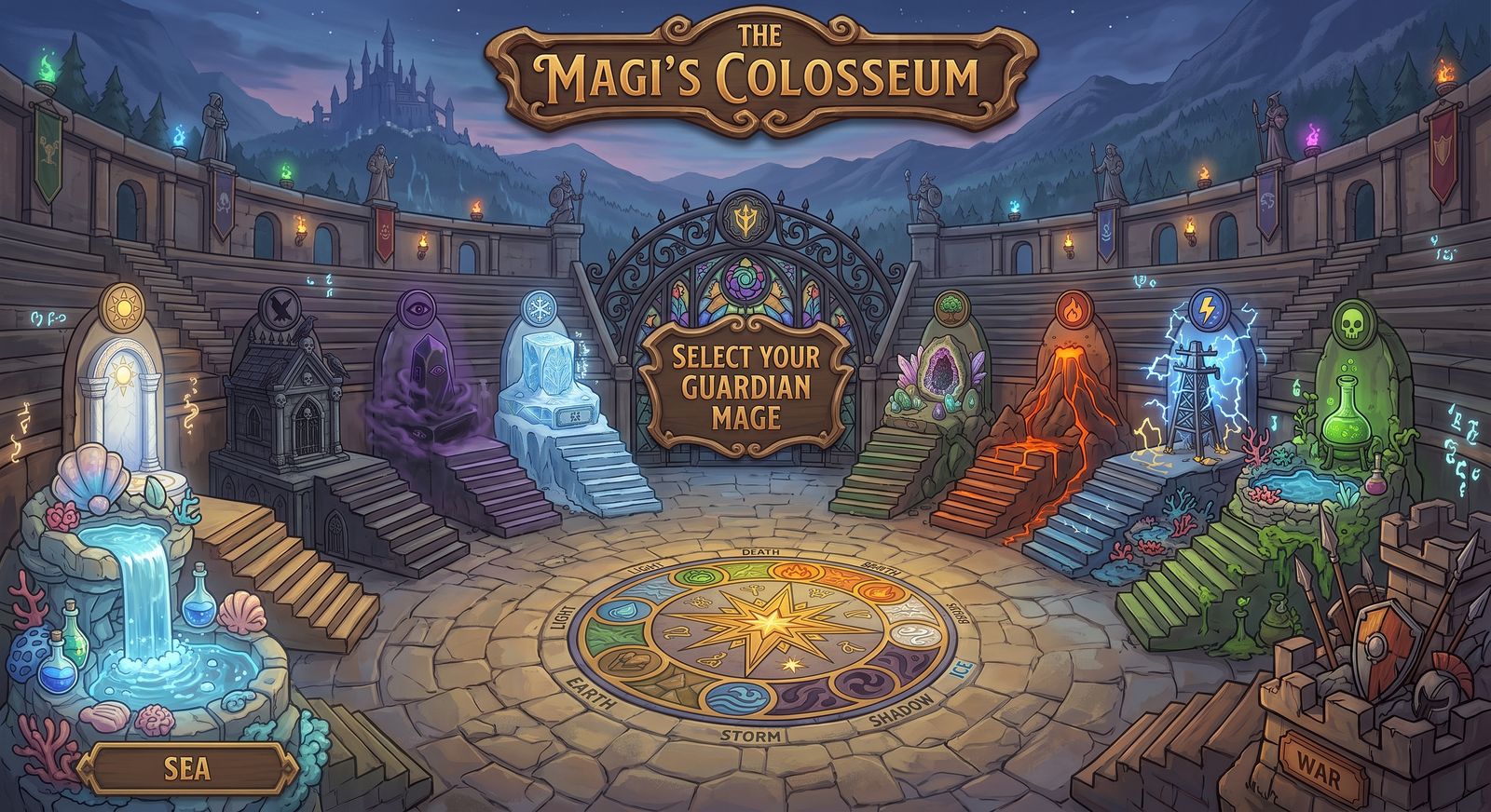 The Magi's Colosseum — ten affinity thrones around a wheel.