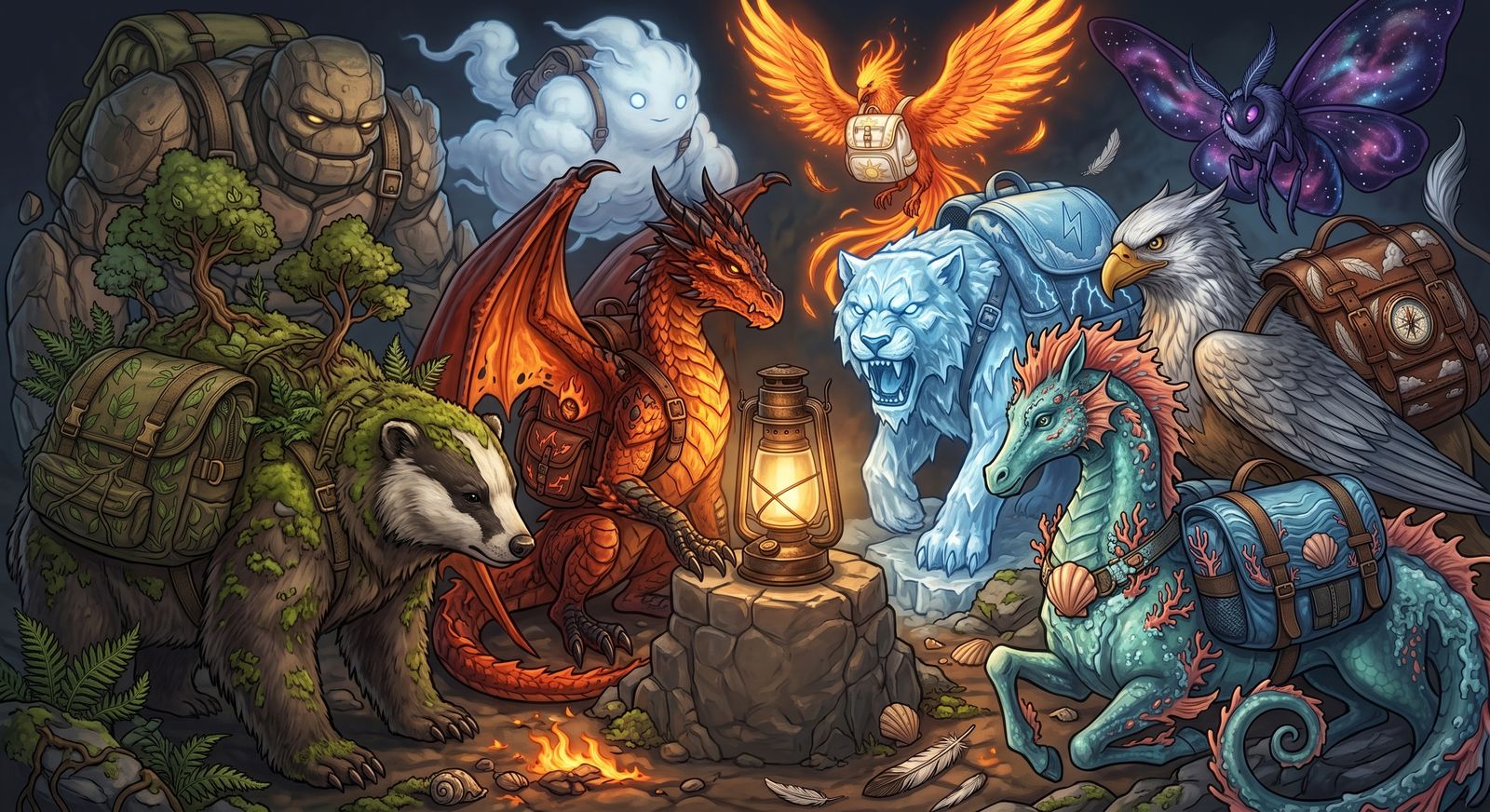 Guardians of every affinity — a mossed badger, a fire drake, an ice lion, a phoenix, a starlit moth — gathered around a lantern.