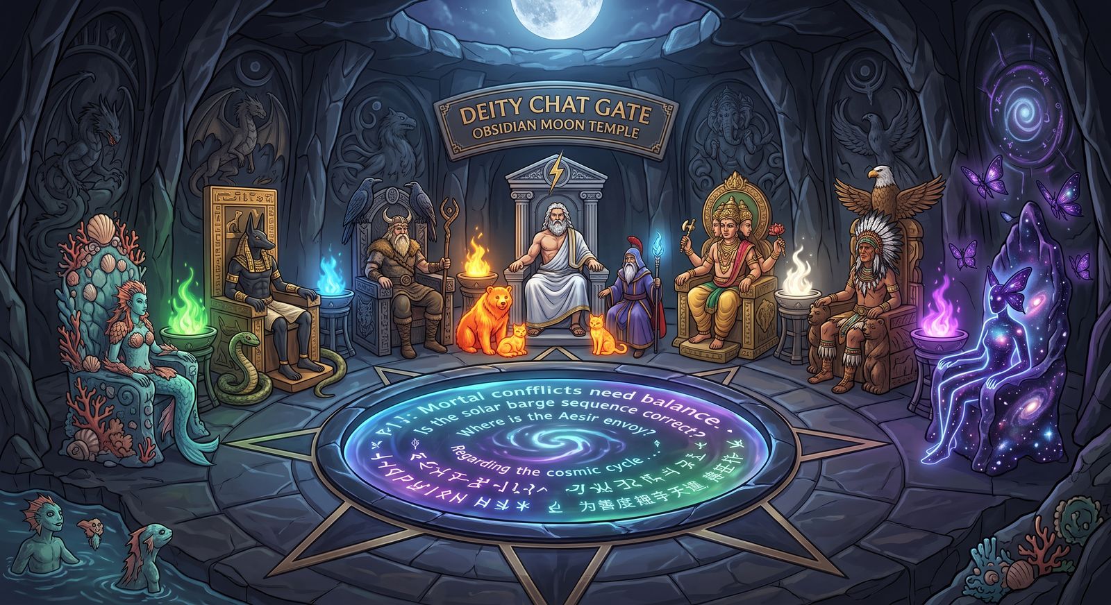 Gods seated around a lit circle in the Gate, questions turning across its surface.