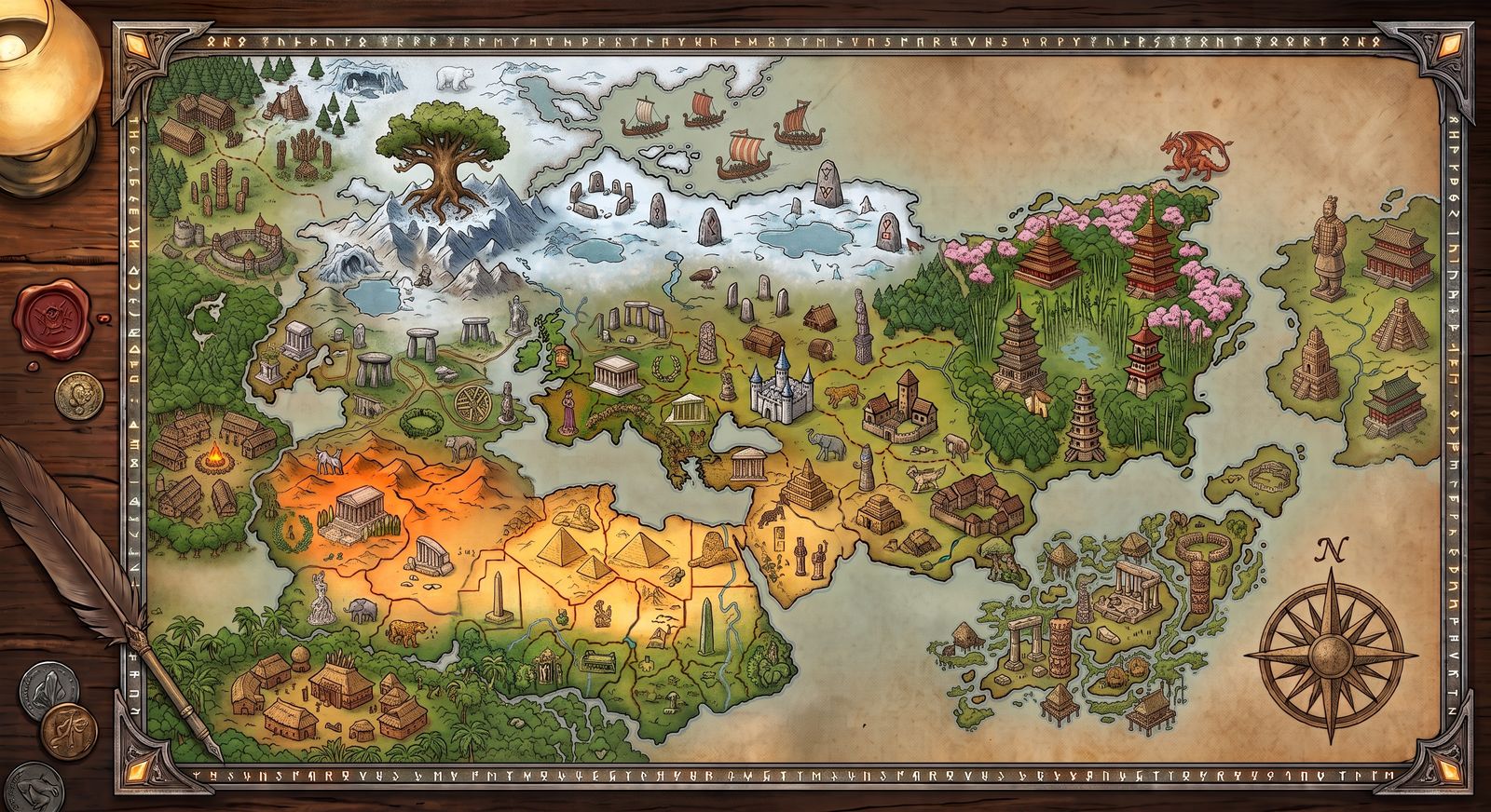 The world map of The Long Silence — temples, standing stones, pagodas and pyramids drawn across eight regions.