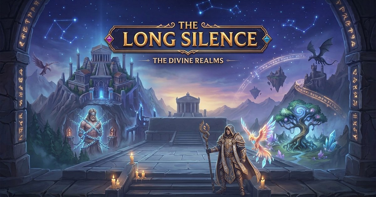 The Long Silence: The Divine Realms — the Gate at the head of a long stair, a mage and a phoenix before it.